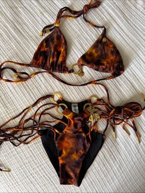 Tortoiseshell Print String Bikini Set with Gold Accents